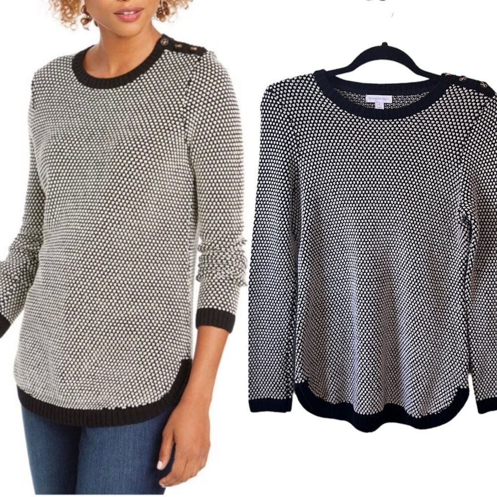 Charter Club Textured Pull Over Sweater Black & White Quiet Luxury Size S